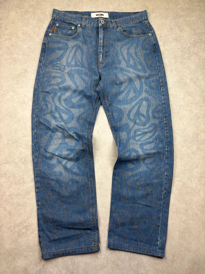 1990s Moschino Blue Denim Peace Cozy Jeans nJZuJDe 3
