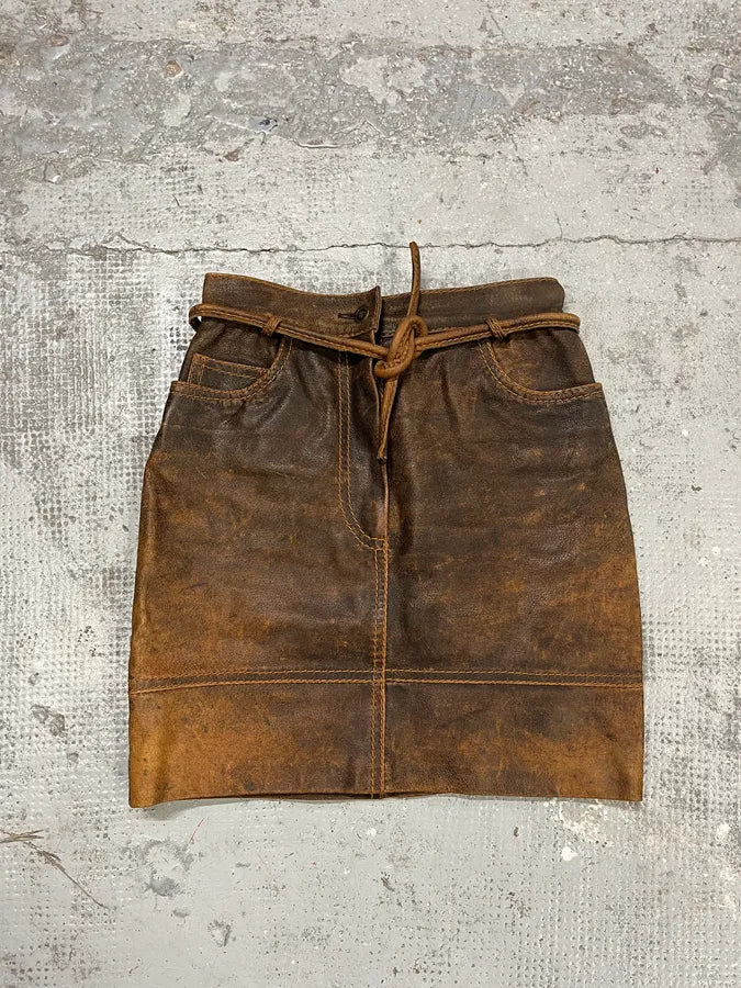 1990s Moschino Brown Eroded Leather Skirt ypTJbzz 3