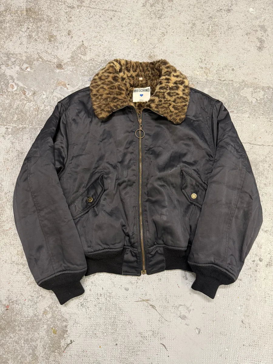 1990s Moschino Leopard Fur Print Black Bomber Jacket tywXbae 0