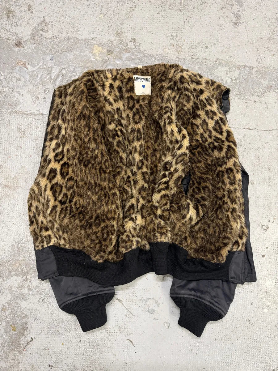 1990s Moschino Leopard Fur Print Black Bomber Jacket tywXbae 1