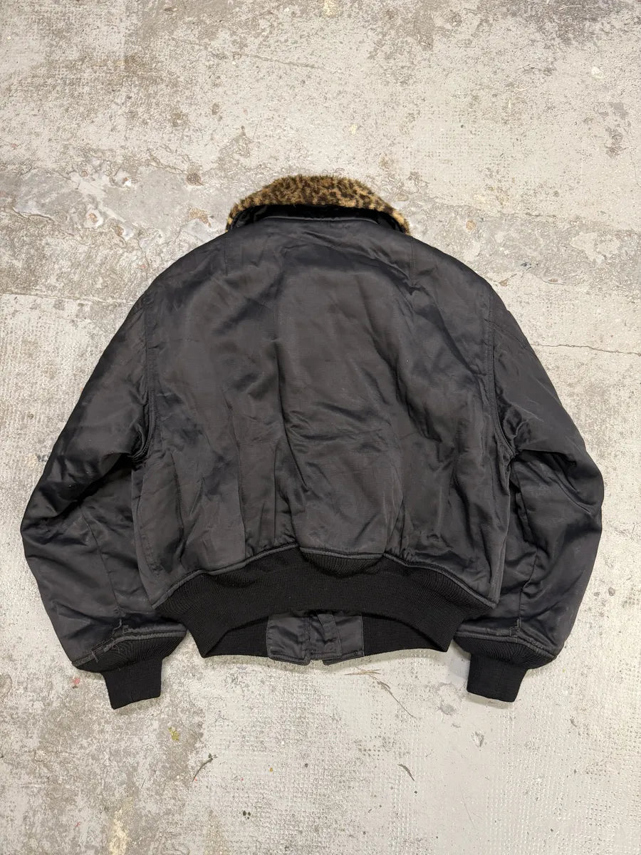 1990s Moschino Leopard Fur Print Black Bomber Jacket tywXbae 2