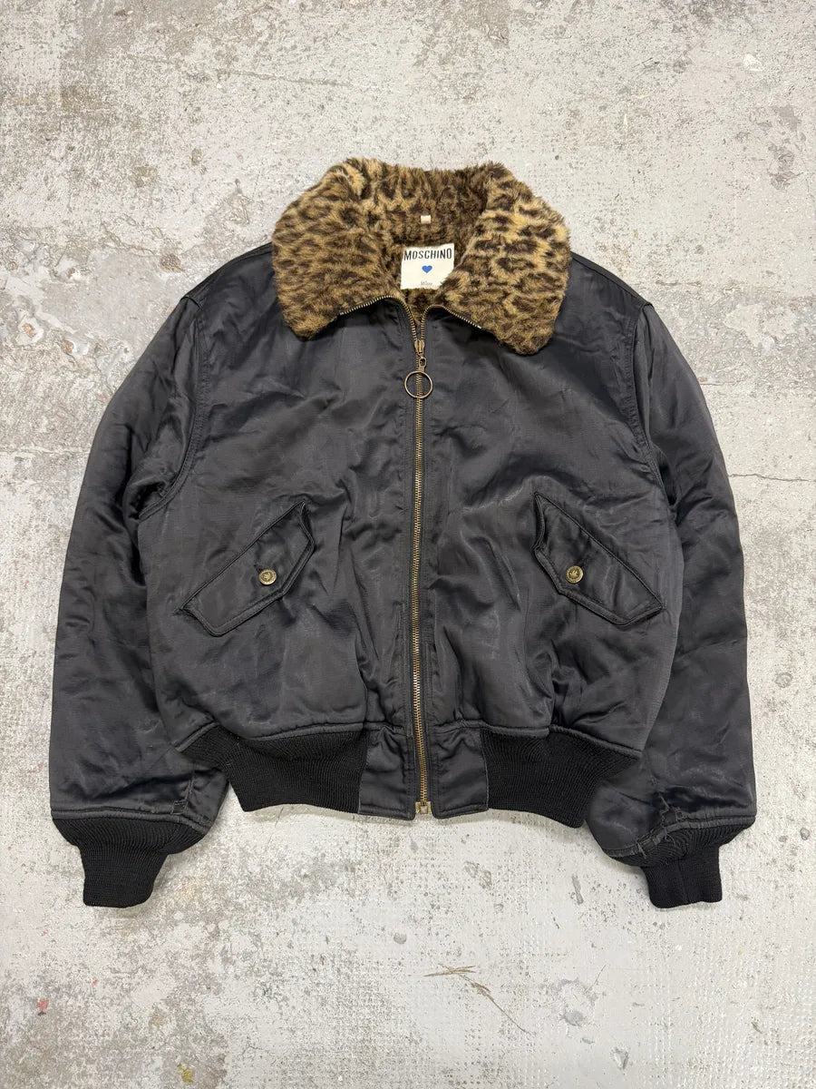 1990s Moschino Leopard Fur Print Black Bomber Jacket tywXbae 6
