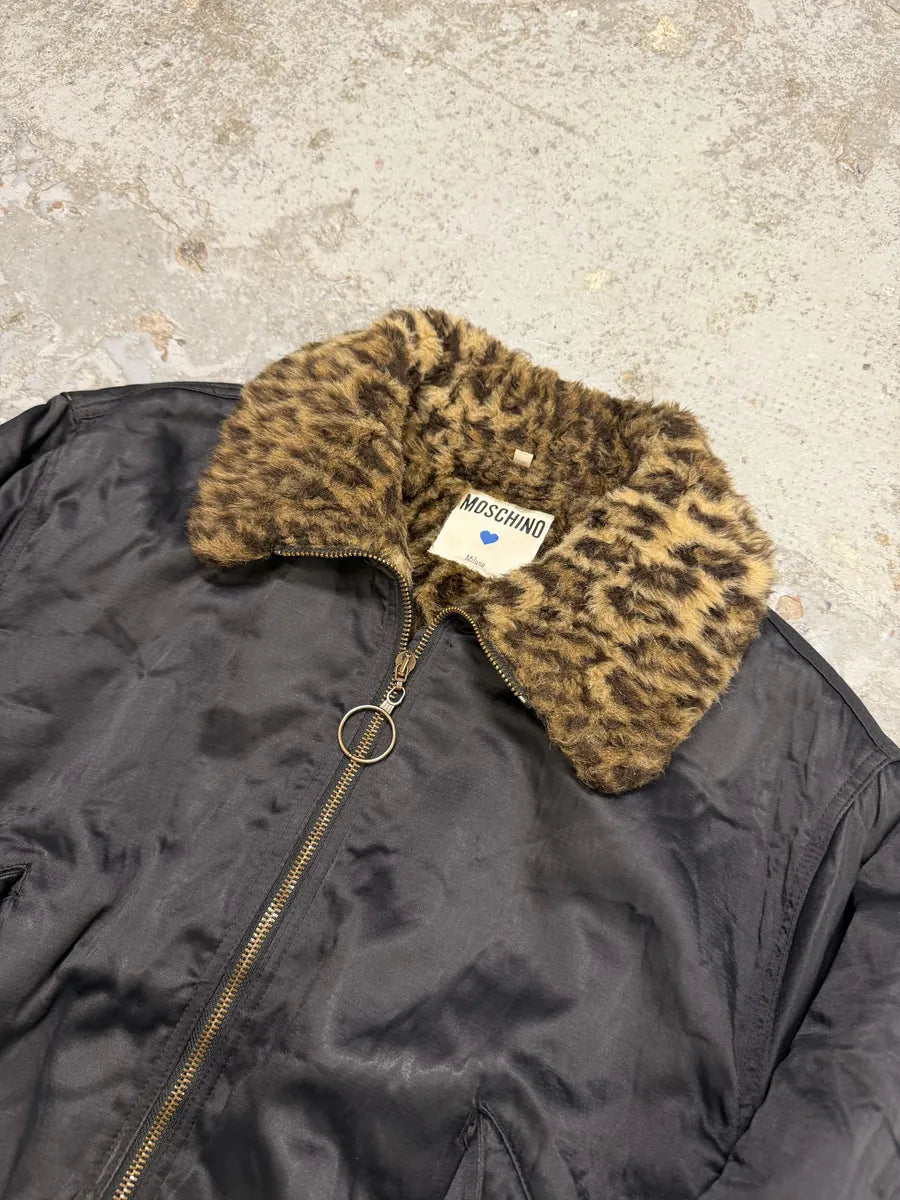 1990s Moschino Leopard Fur Print Black Bomber Jacket tywXbae 8