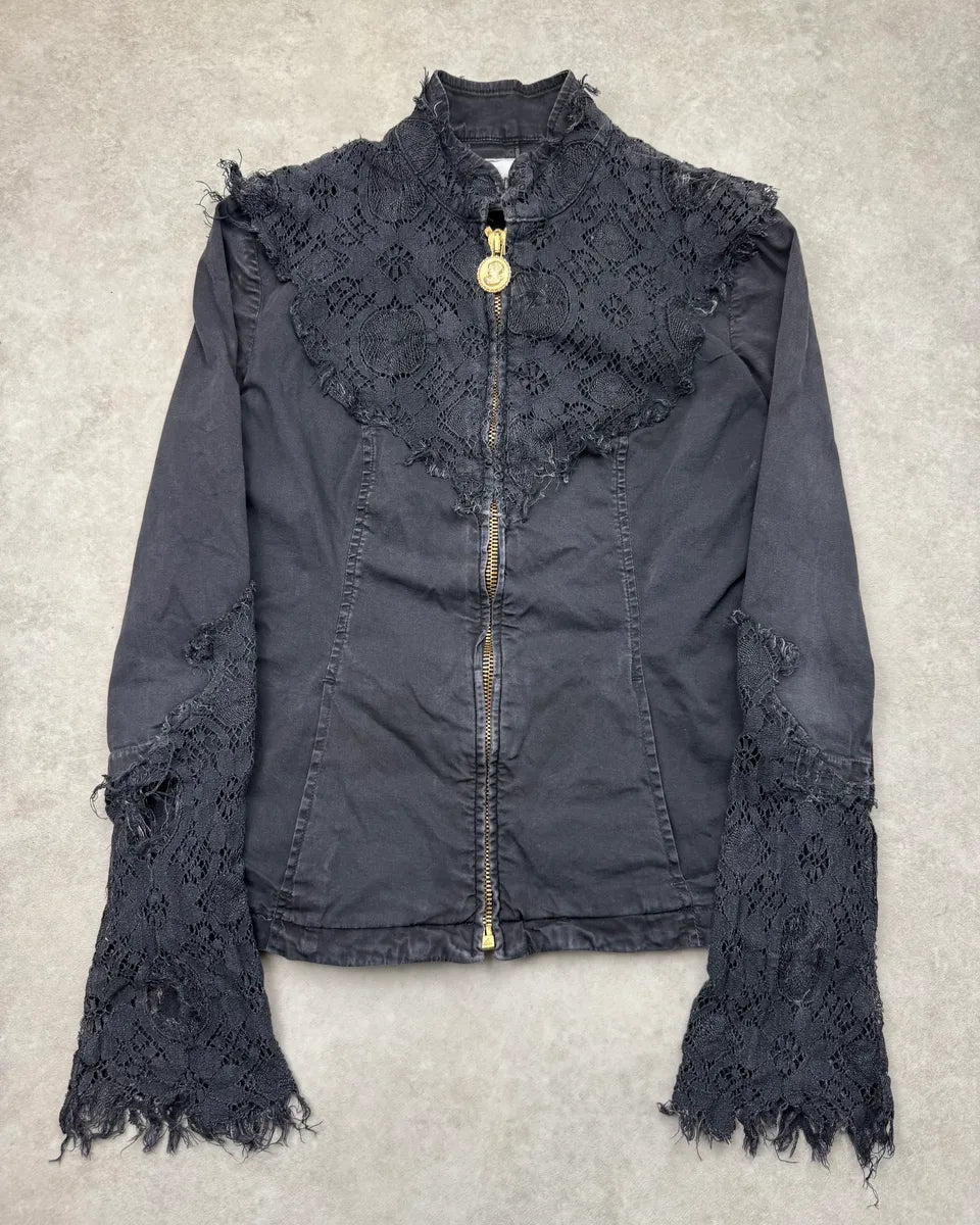 1990s Moschino Navy Lace-Trimmed Denim Jacket RMETqFL 0