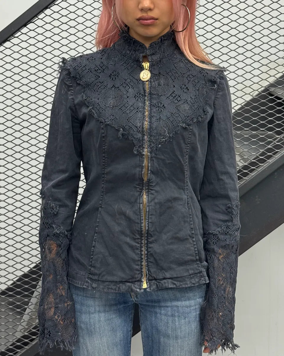 1990s Moschino Navy Lace-Trimmed Denim Jacket RMETqFL 1