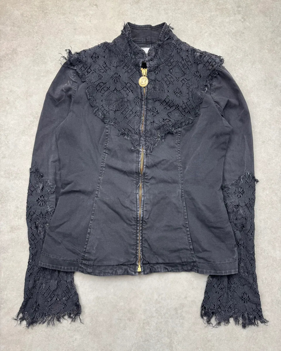 1990s Moschino Navy Lace-Trimmed Denim Jacket RMETqFL 3