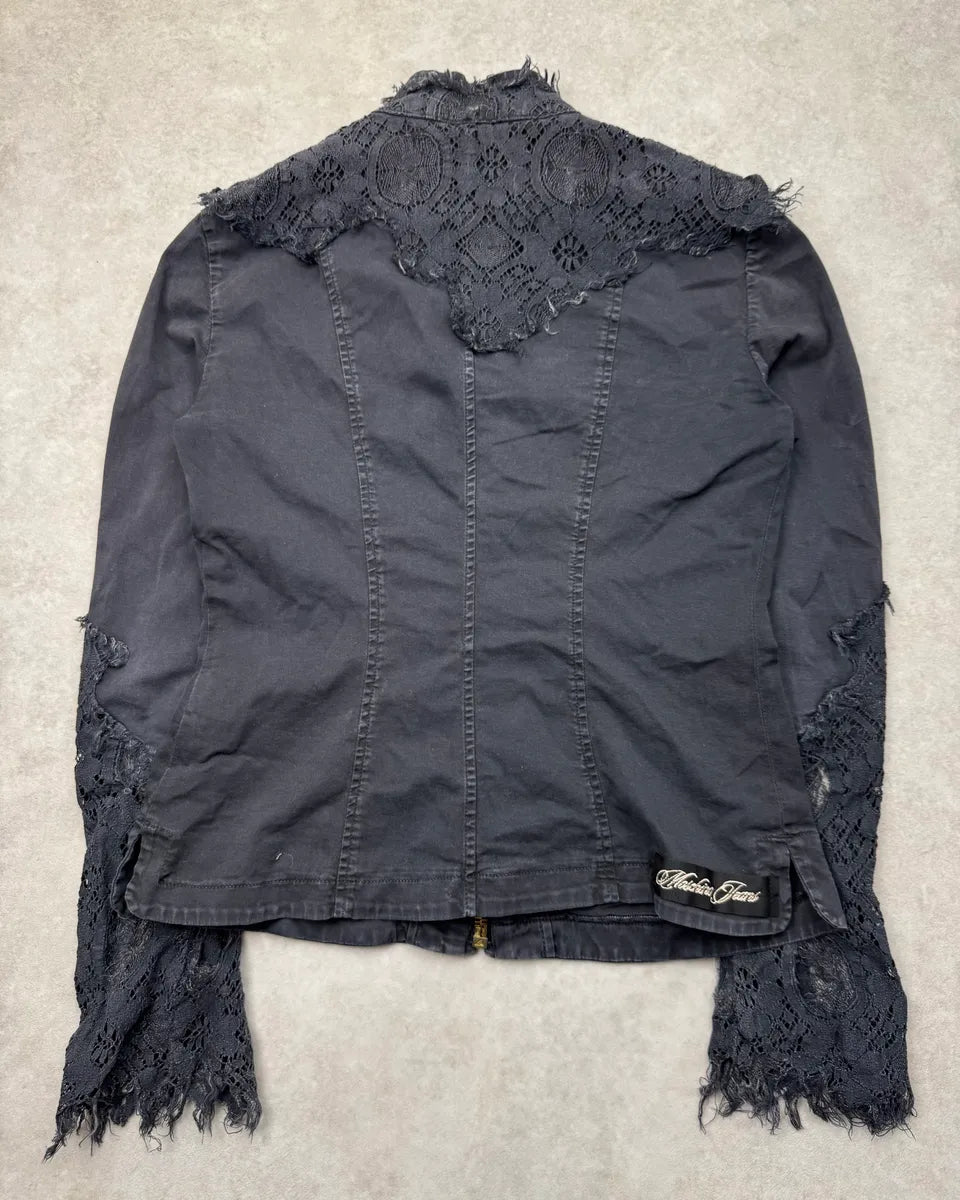 1990s Moschino Navy Lace-Trimmed Denim Jacket RMETqFL 6