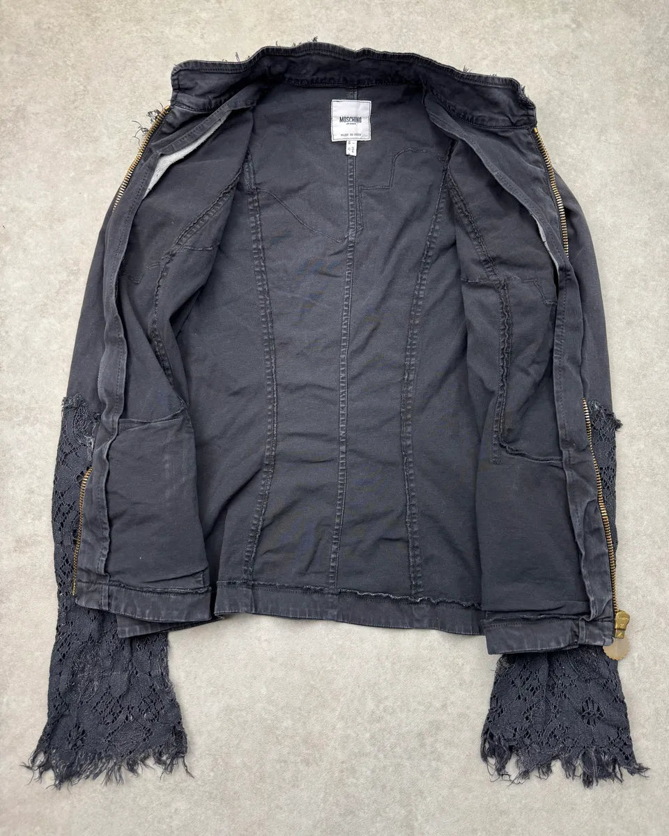 1990s Moschino Navy Lace-Trimmed Denim Jacket RMETqFL 8