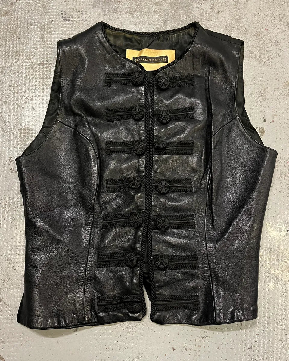 1990s Plein Sud Black Leather Button-Front Vest oBOOLSS 0