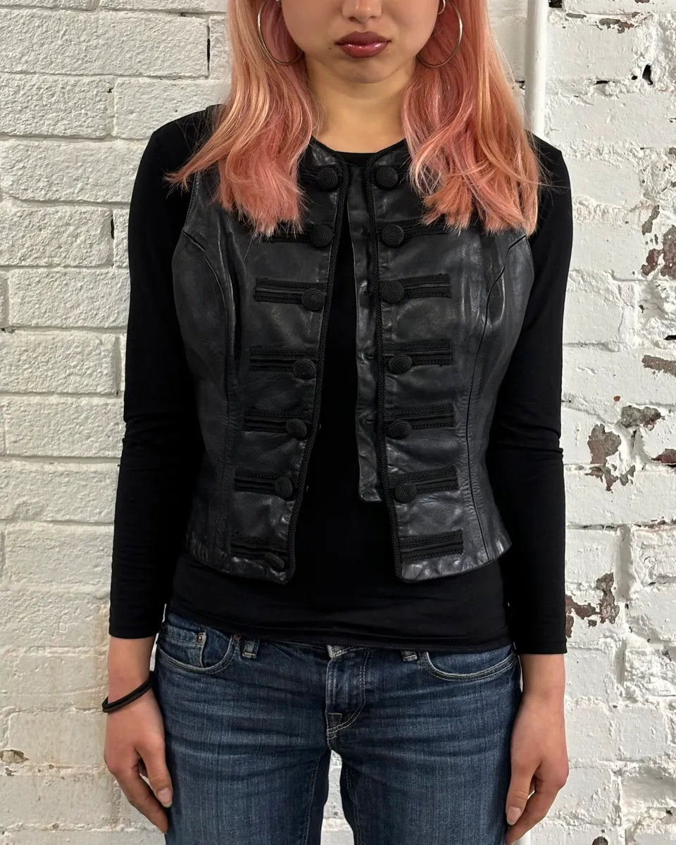 1990s Plein Sud Black Leather Button-Front Vest oBOOLSS 1
