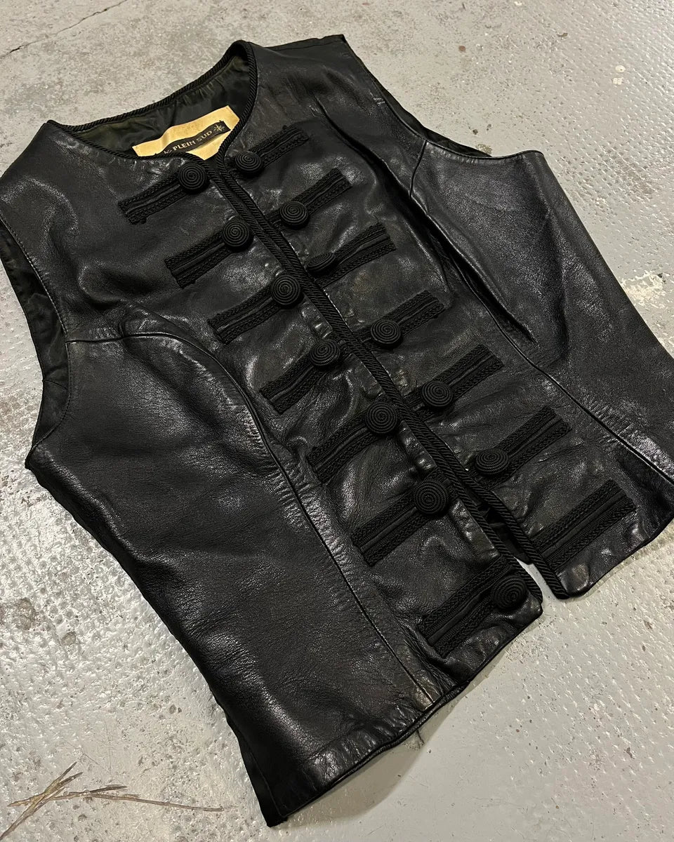 1990s Plein Sud Black Leather Button-Front Vest oBOOLSS 3