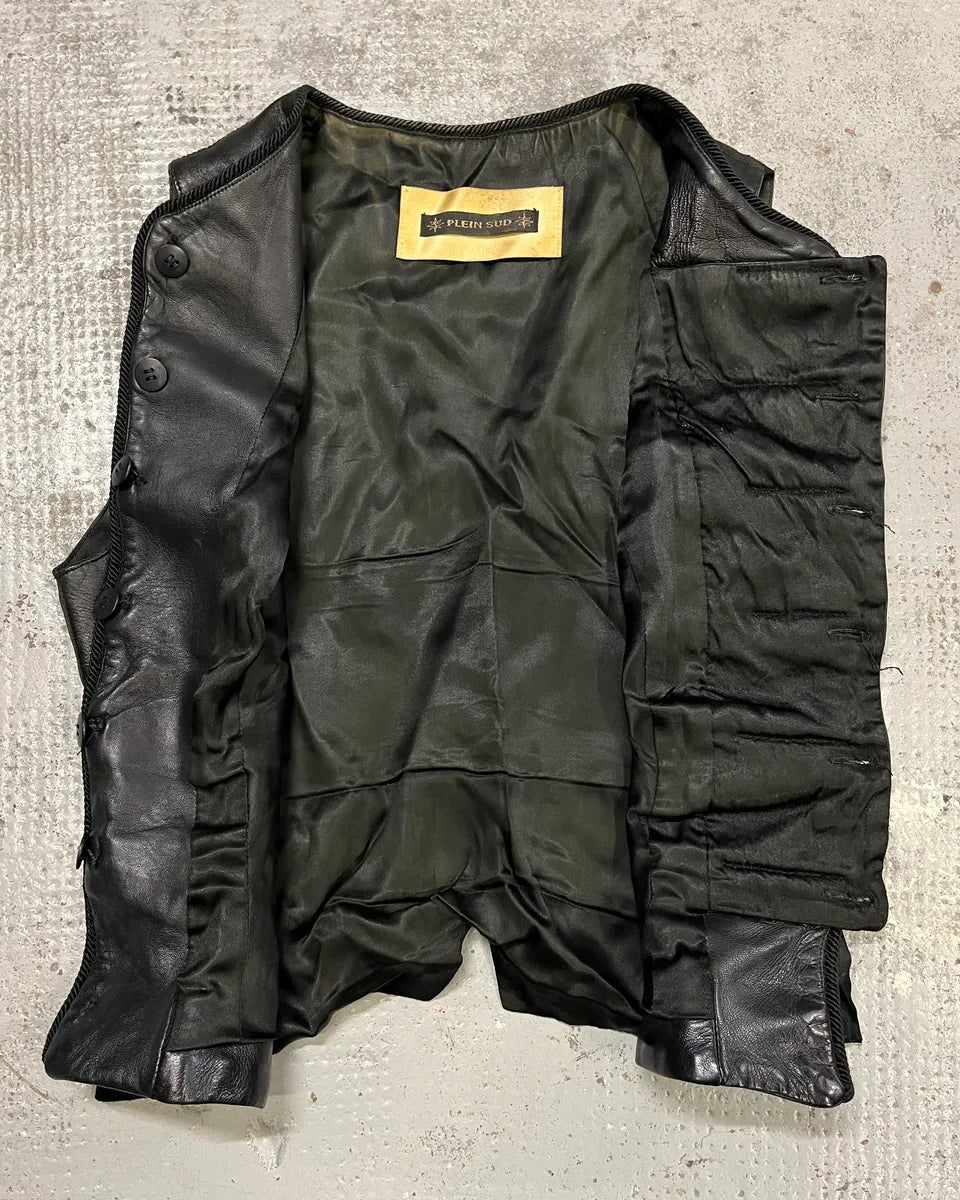 1990s Plein Sud Black Leather Button-Front Vest oBOOLSS 8