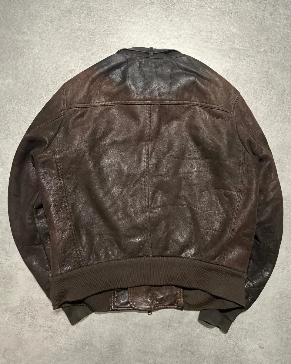 1990s Prada Archive Brown Faded Leather Wool Fur Leather Bomber Jacket EENLnTu 1