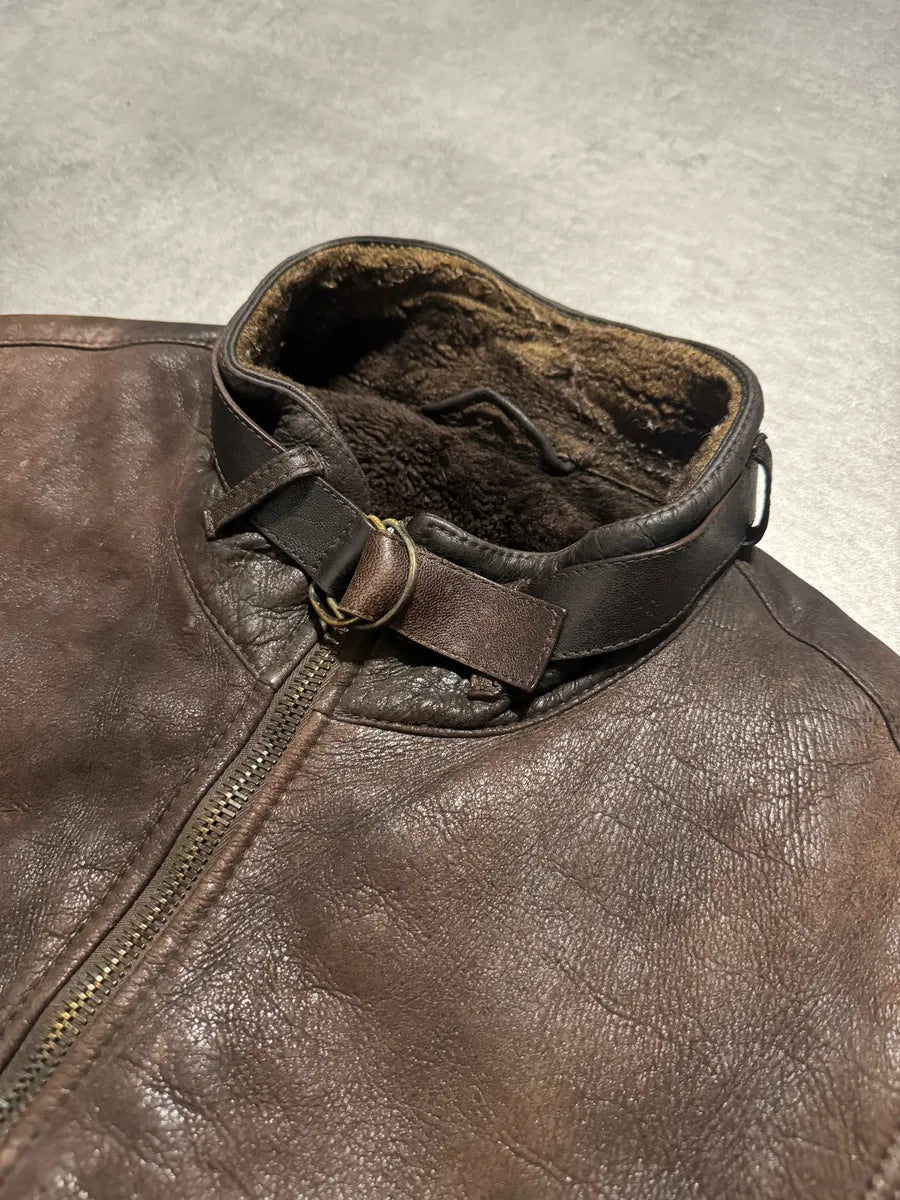 1990s Prada Archive Brown Faded Leather Wool Fur Leather Bomber Jacket EENLnTu 10