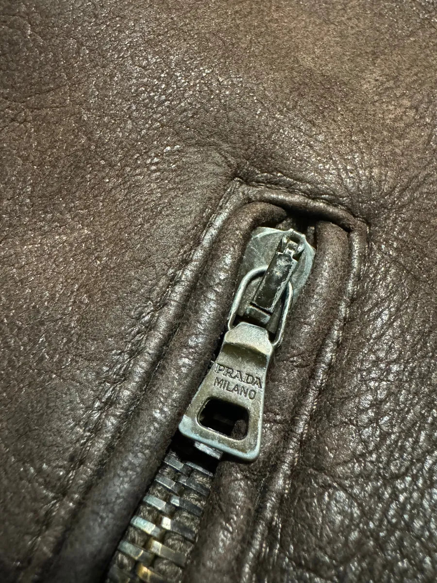 1990s Prada Archive Brown Faded Leather Wool Fur Leather Bomber Jacket EENLnTu 11