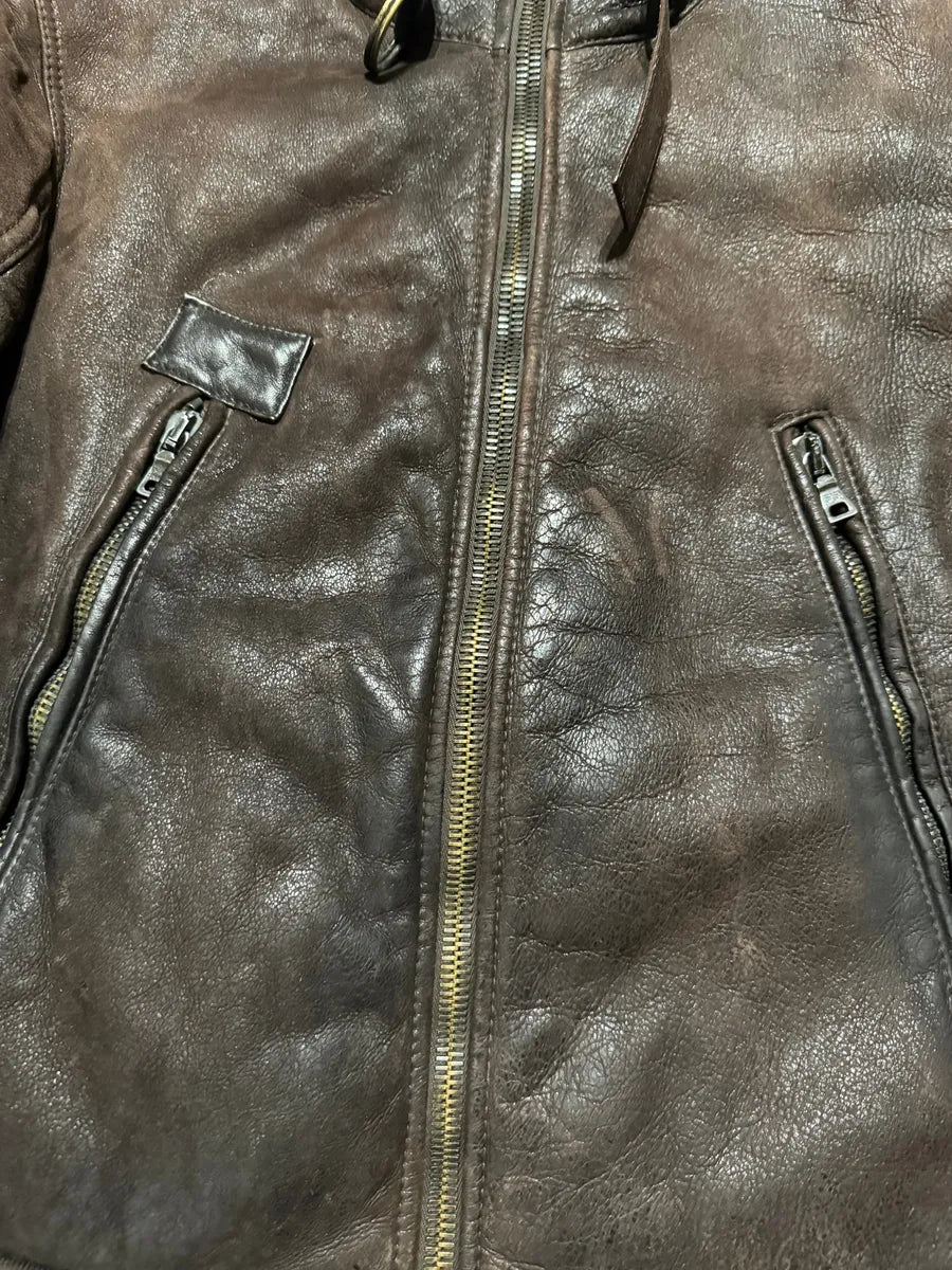 1990s Prada Archive Brown Faded Leather Wool Fur Leather Bomber Jacket EENLnTu 12