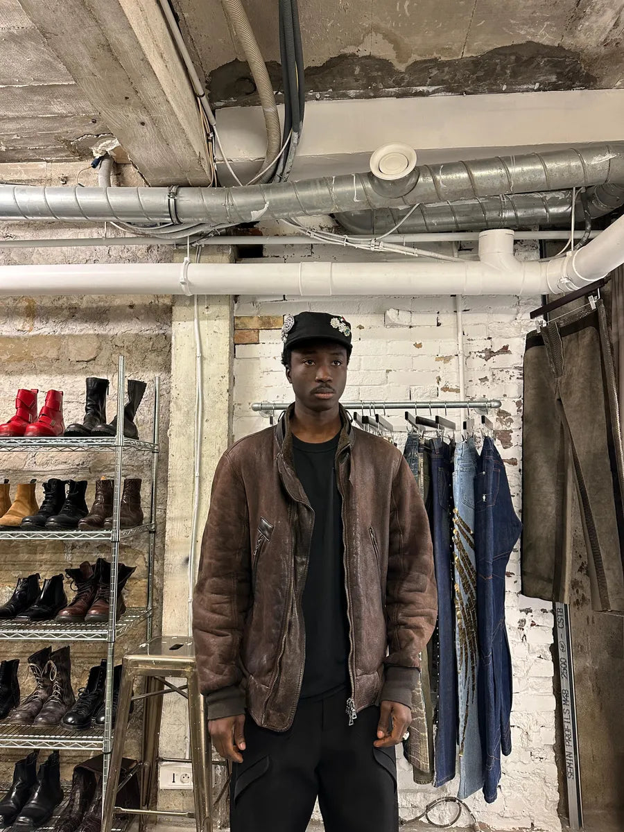 1990s Prada Archive Brown Faded Leather Wool Fur Leather Bomber Jacket EENLnTu 2