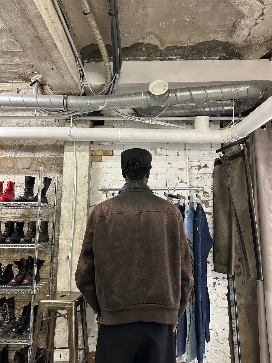 1990s Prada Archive Brown Faded Leather Wool Fur Leather Bomber Jacket EENLnTu 3