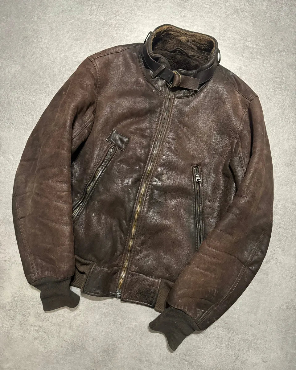1990s Prada Archive Brown Faded Leather Wool Fur Leather Bomber Jacket EENLnTu 4