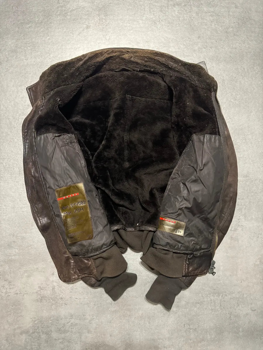 1990s Prada Archive Brown Faded Leather Wool Fur Leather Bomber Jacket EENLnTu 5
