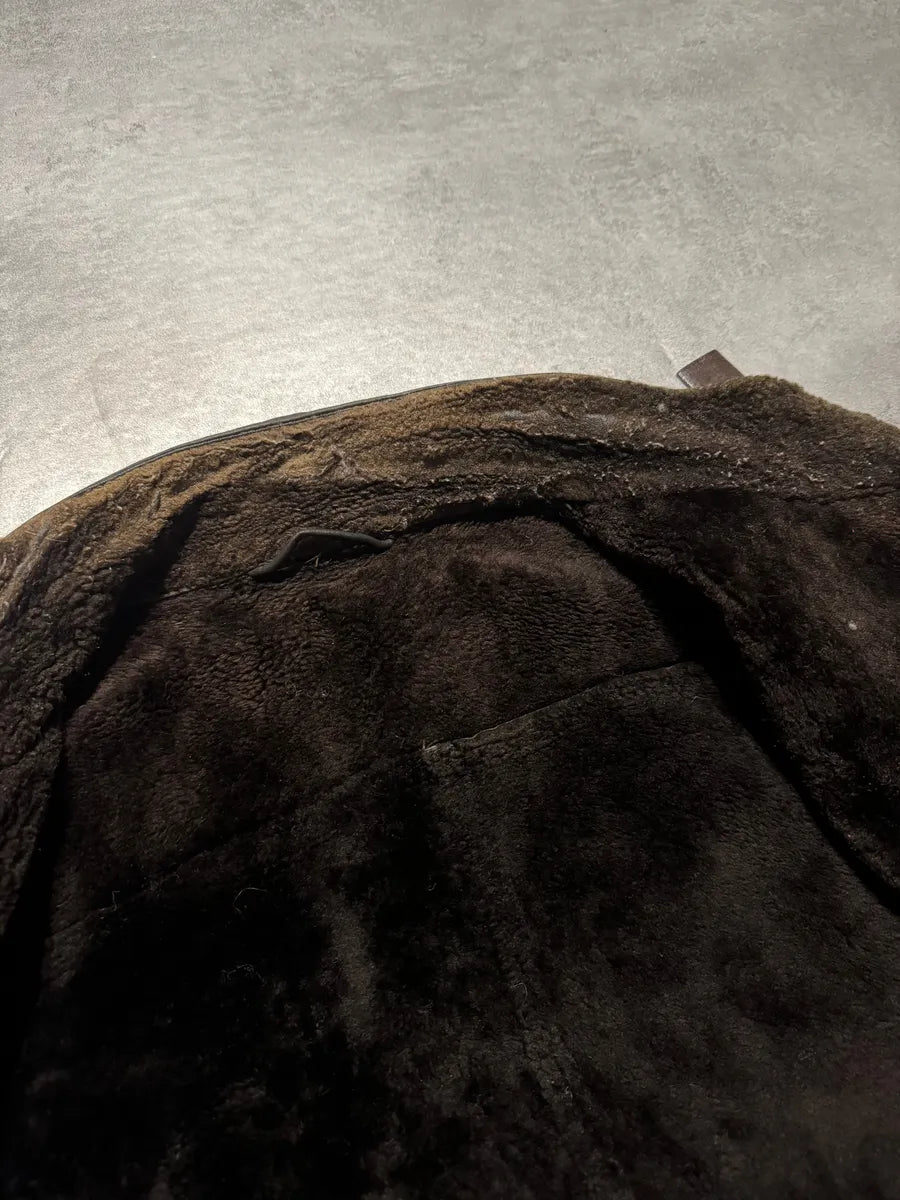 1990s Prada Archive Brown Faded Leather Wool Fur Leather Bomber Jacket EENLnTu 6