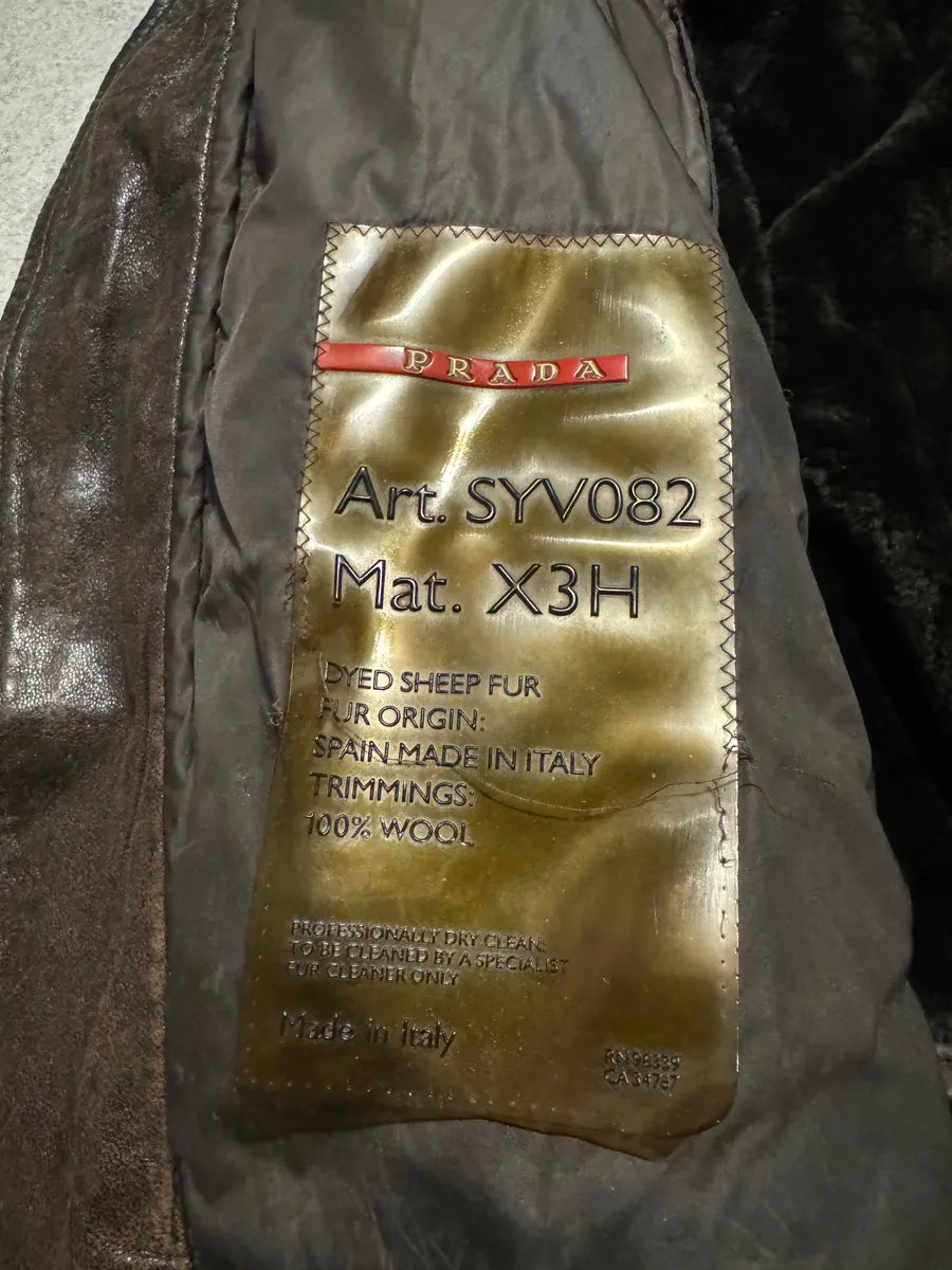 1990s Prada Archive Brown Faded Leather Wool Fur Leather Bomber Jacket EENLnTu 8