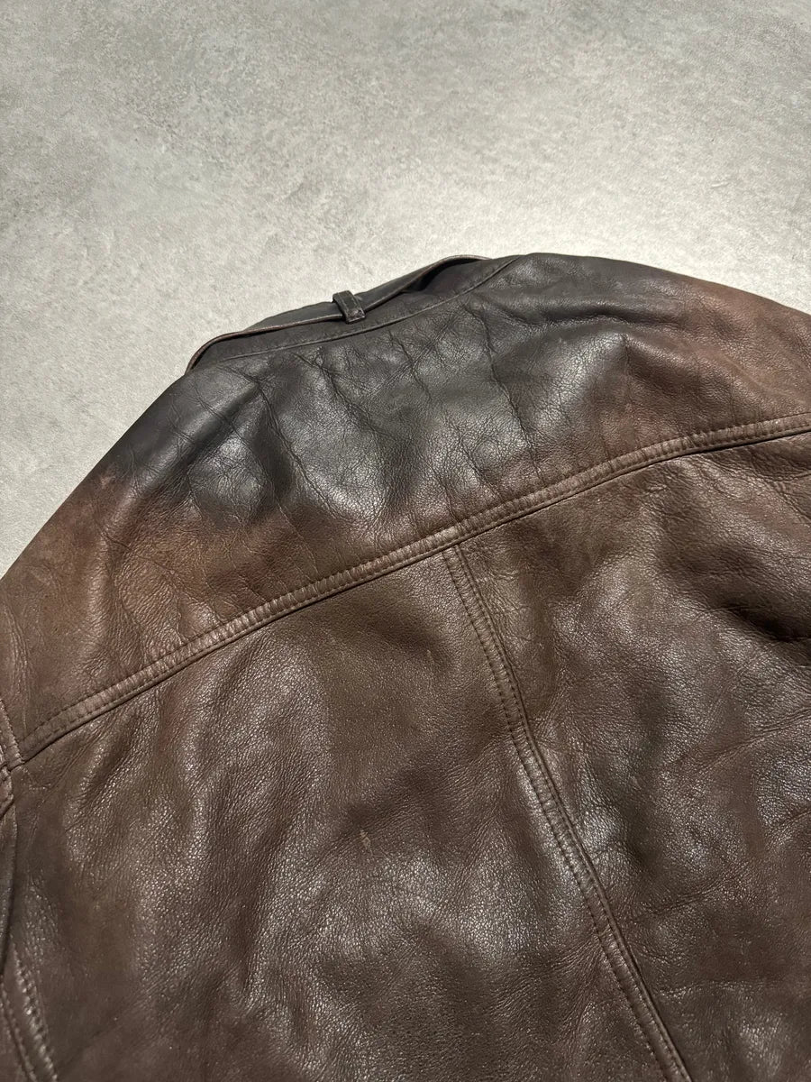 1990s Prada Archive Brown Faded Leather Wool Fur Leather Bomber Jacket EENLnTu 9