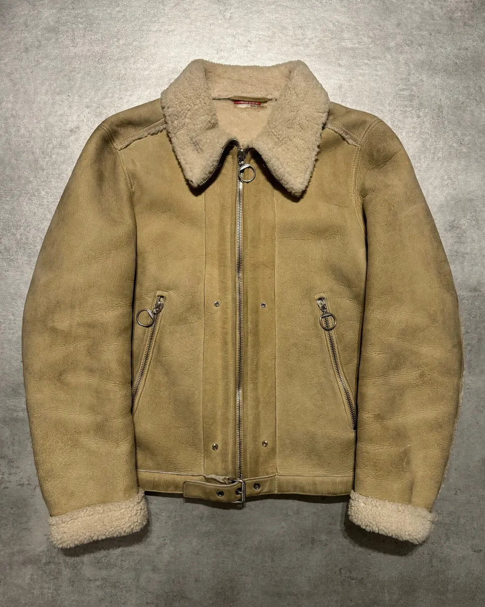 1990s Prada Beige Sheep Shearling Fur Leather Jacket (M) 0