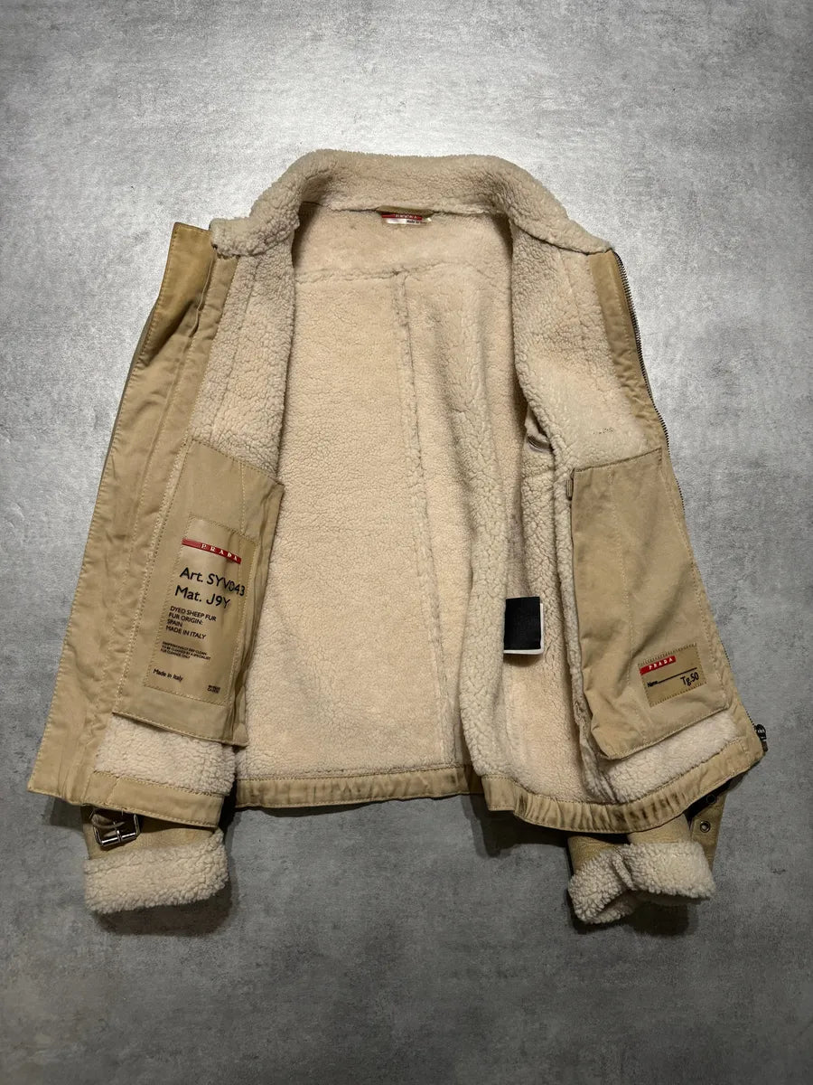 1990s Prada Beige Sheep Shearling Fur Leather Jacket (M) 11