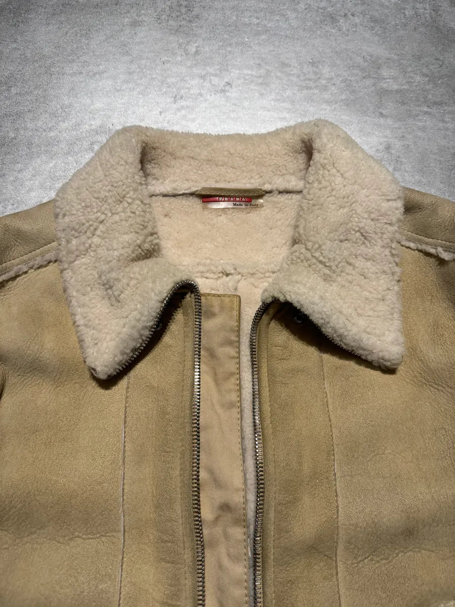 1990s Prada Beige Sheep Shearling Fur Leather Jacket (M) 12
