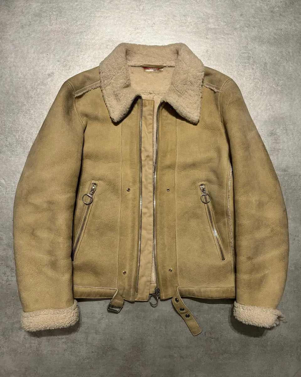 1990s Prada Beige Sheep Shearling Fur Leather Jacket (M) 13