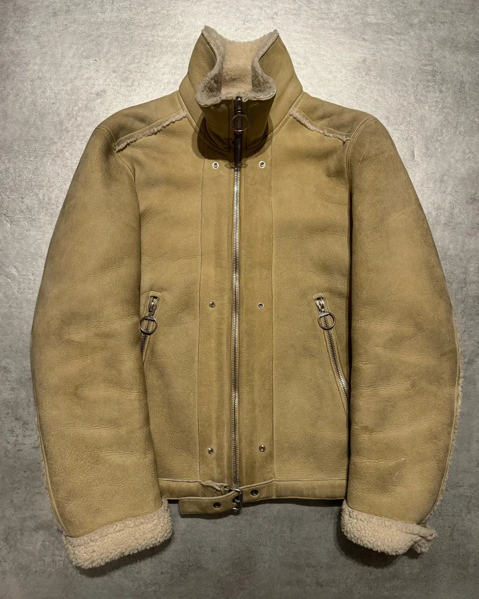 1990s Prada Beige Sheep Shearling Fur Leather Jacket (M) 2