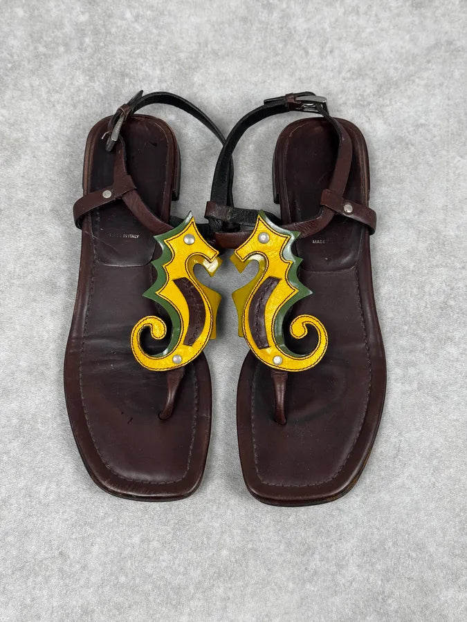 2000s Prada Brown Seahorse Leather Sandals sHbJSRL 1