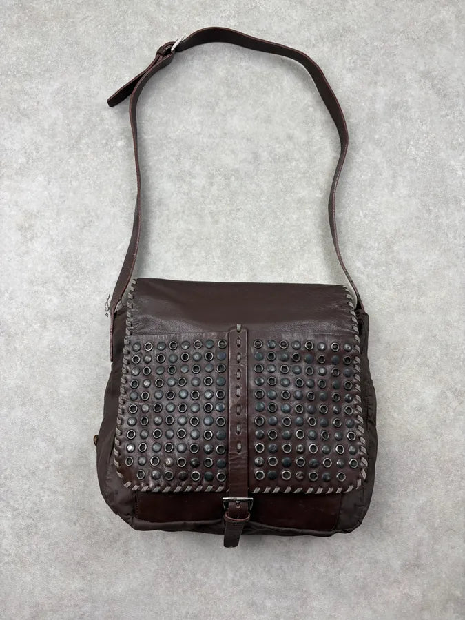 1990s Prada Brown Leather Studded Shoulder Bag WgIkKQU 0