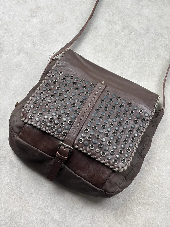 1990s Prada Brown Leather Studded Shoulder Bag WgIkKQU 3