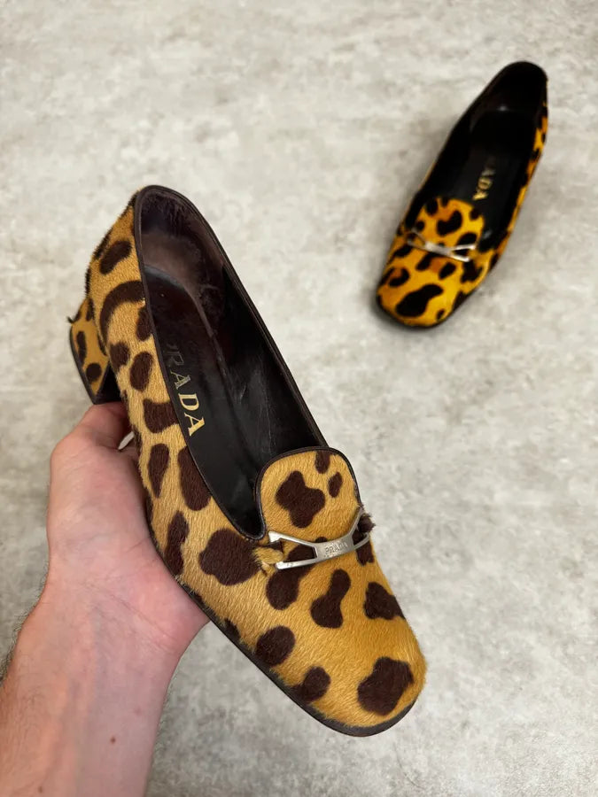 1990s Prada Leopard  Block Heel Pony Hair Loafers tjqSzHG 0