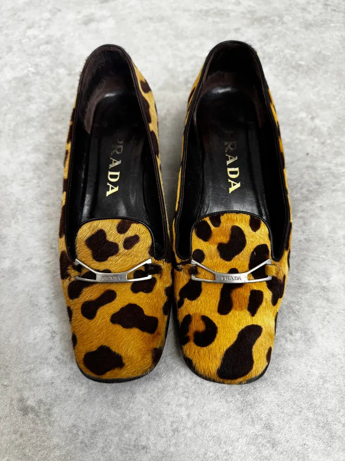 1990s Prada Leopard  Block Heel Pony Hair Loafers tjqSzHG 1
