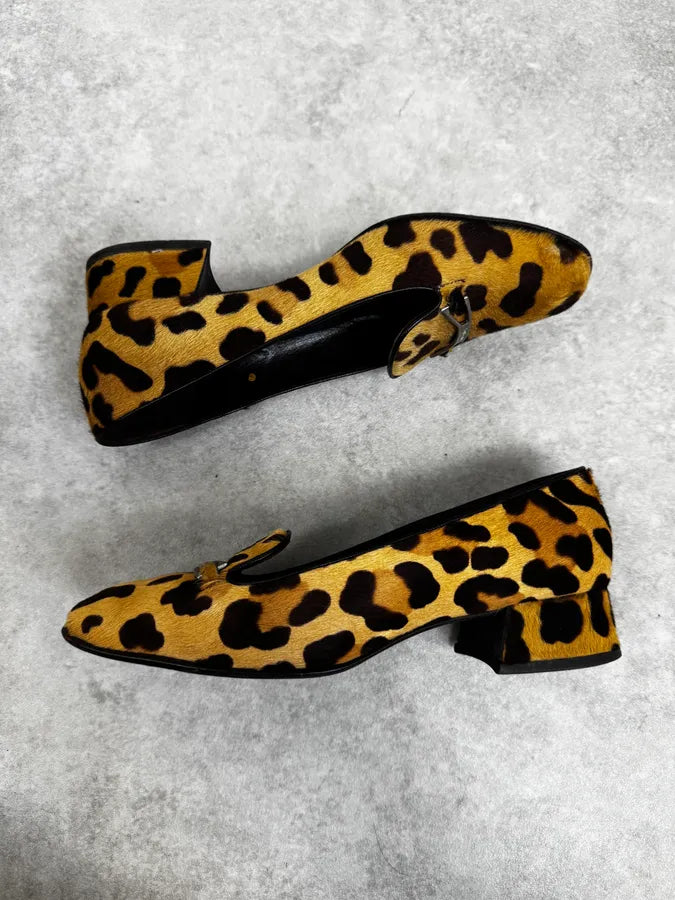1990s Prada Leopard  Block Heel Pony Hair Loafers tjqSzHG 3