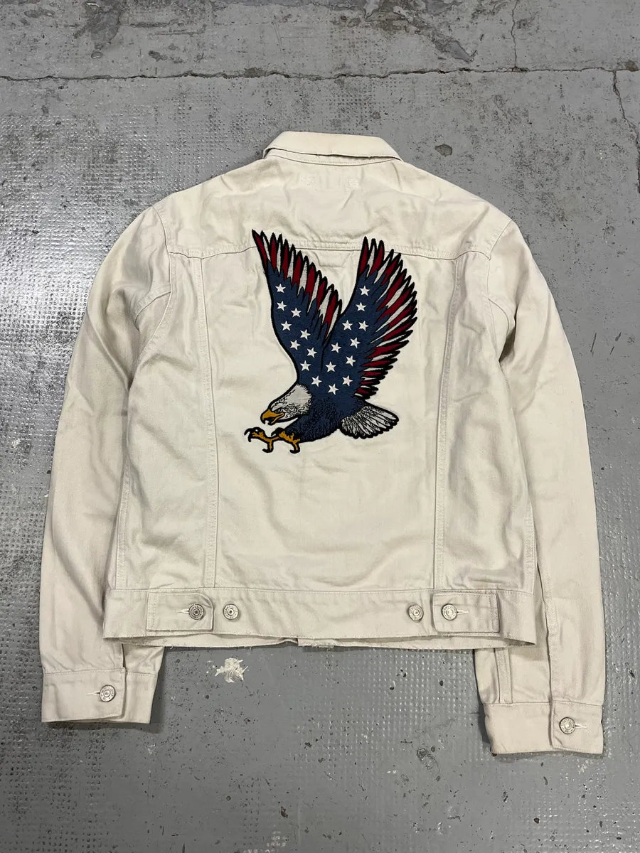 1990s Ralph Lauren Patriot Eagle Embroidered White Denim Jacket UfeBPmw 0