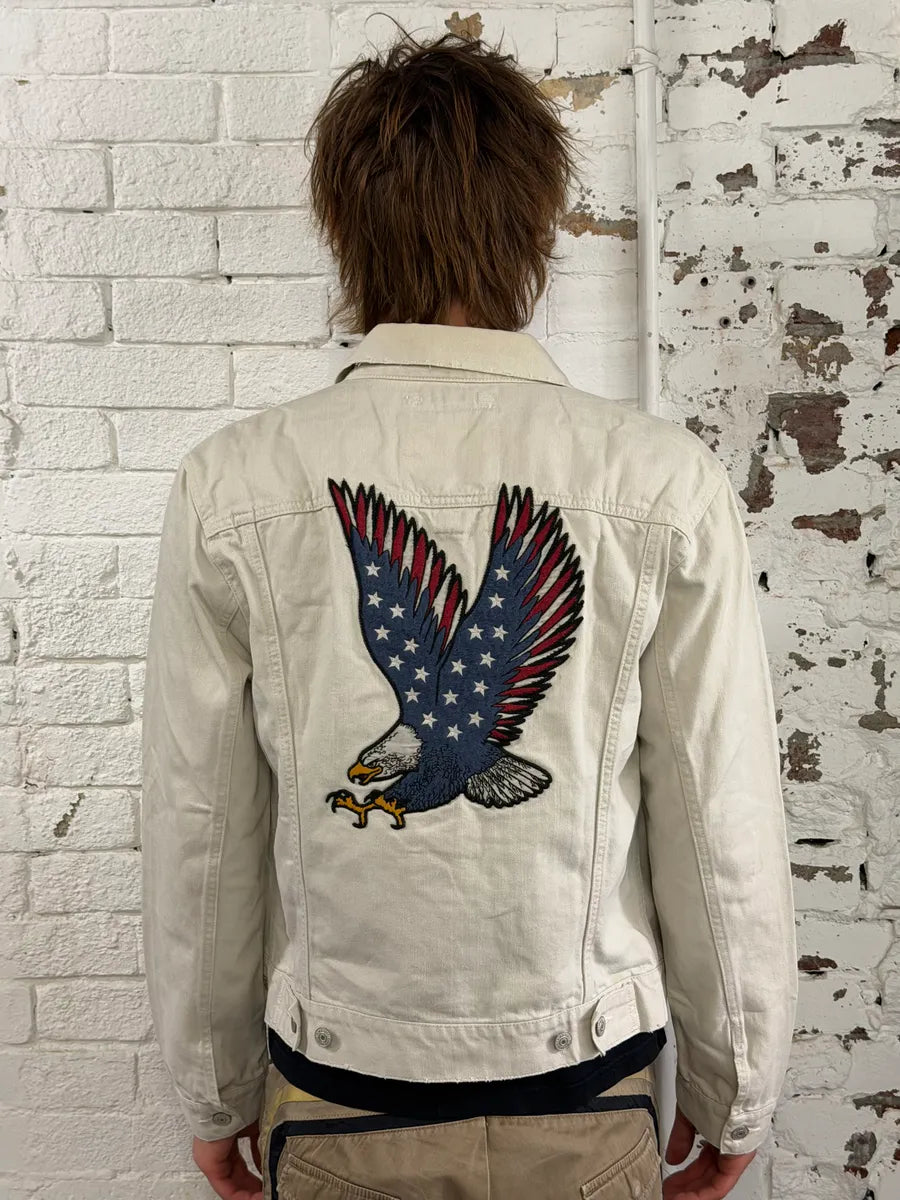 1990s Ralph Lauren Patriot Eagle Embroidered White Denim Jacket UfeBPmw 3