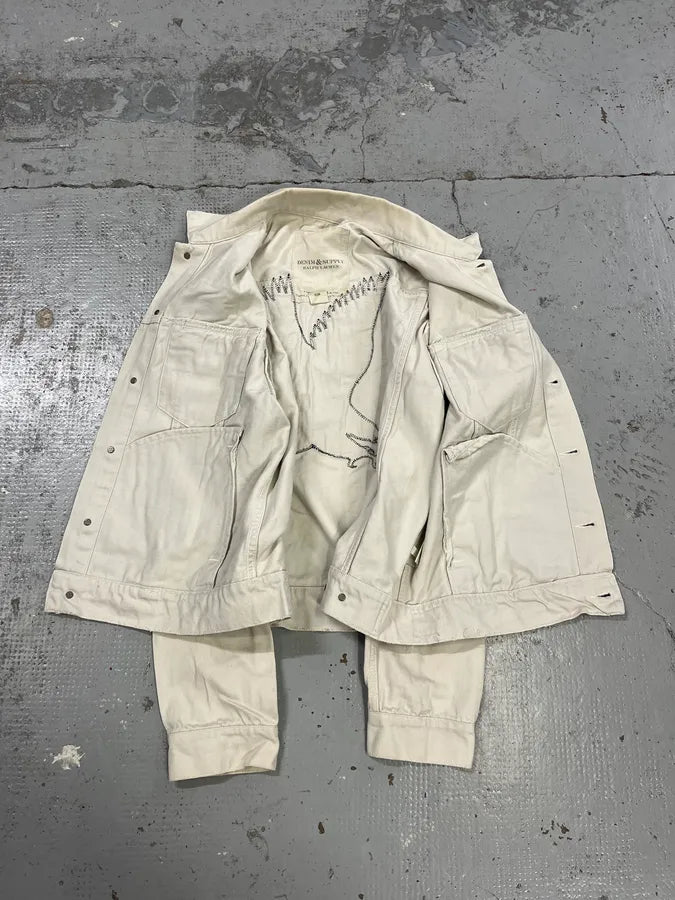 1990s Ralph Lauren Patriot Eagle Embroidered White Denim Jacket UfeBPmw 8