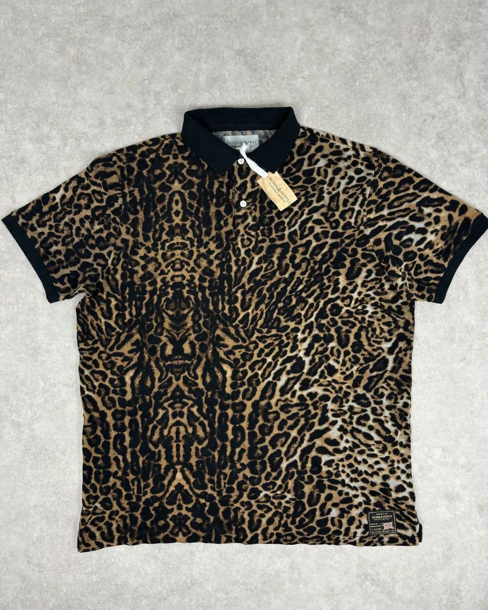 1990s Ralph Lauren Tan Leopard Print Cotton Polo Shirt psFMeGI 0