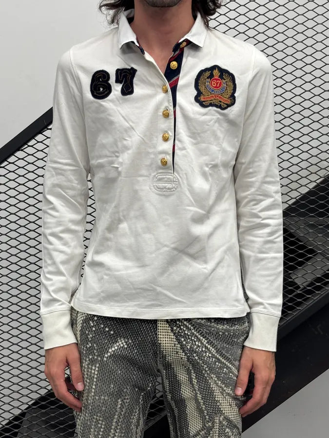 1990s Ralph Lauren White Buttoned 67 Embroidered Crest Longsleeve Polo nSLYCRp 0