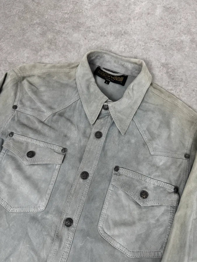1990s Roberto Cavalli Baby Grey Suede Leather Shirt URRPWTp 4