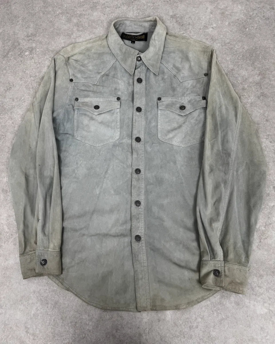 1990s Roberto Cavalli Baby Grey Suede Leather Shirt URRPWTp 0