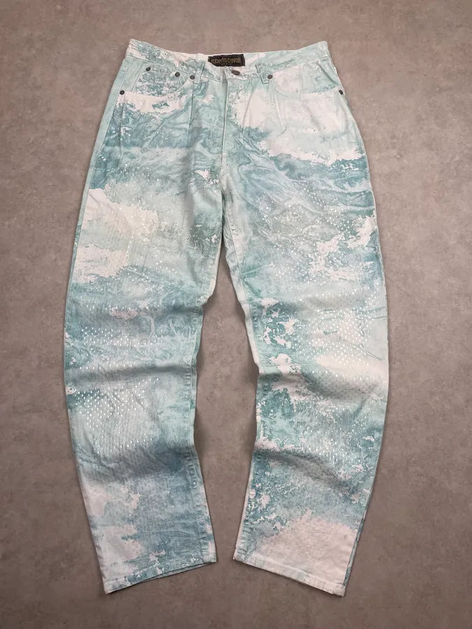 1990s Roberto Cavalli Blue & White Aqua World Sequins Pants psebidR 3