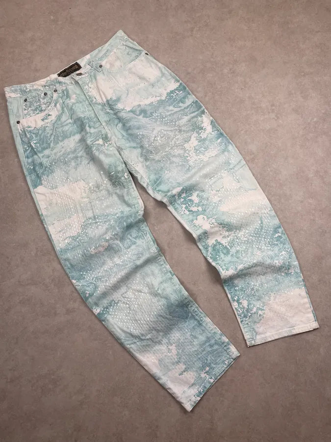 1990s Roberto Cavalli Blue & White Aqua World Sequins Pants psebidR 4