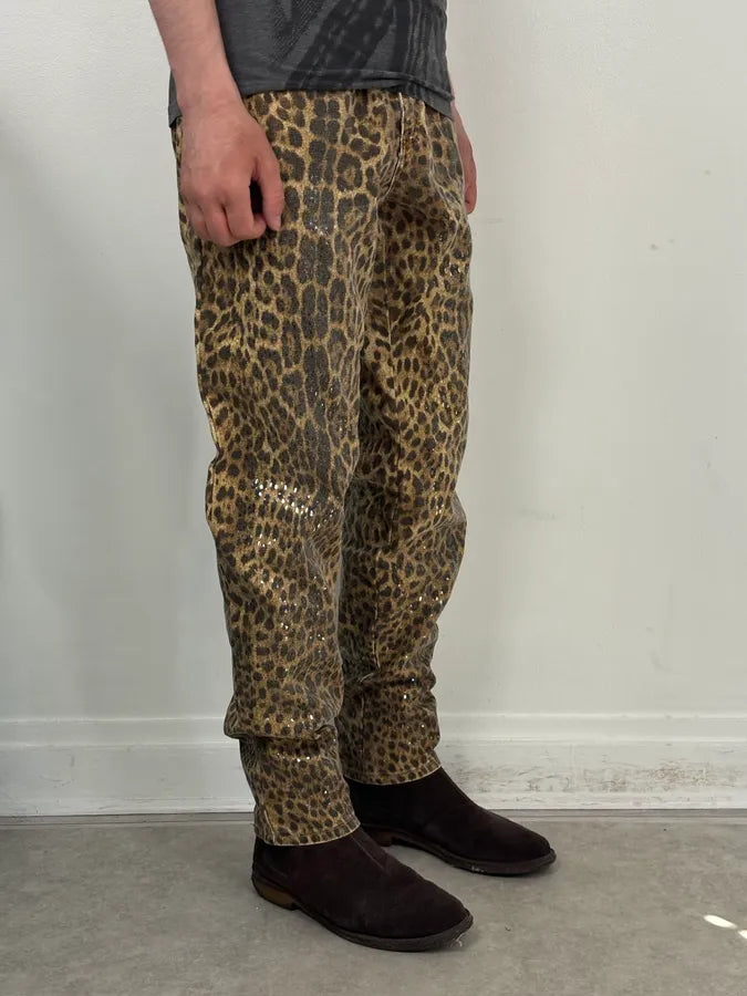 1990s Roberto Cavalli Brown Leopard Print Glitter Pants xiGrQYh 2