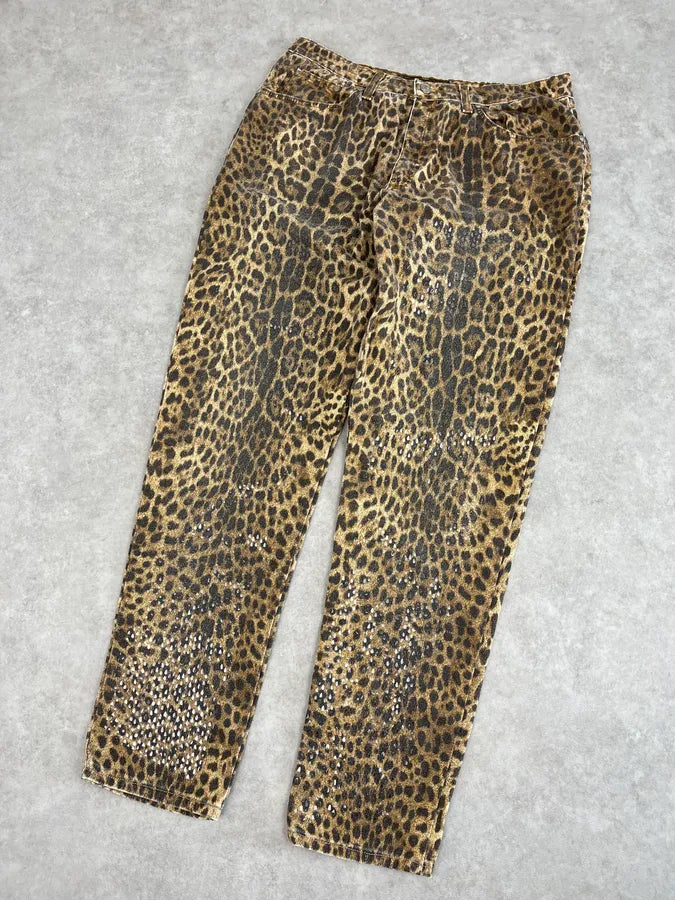 1990s Roberto Cavalli Brown Leopard Print Glitter Pants xiGrQYh 6