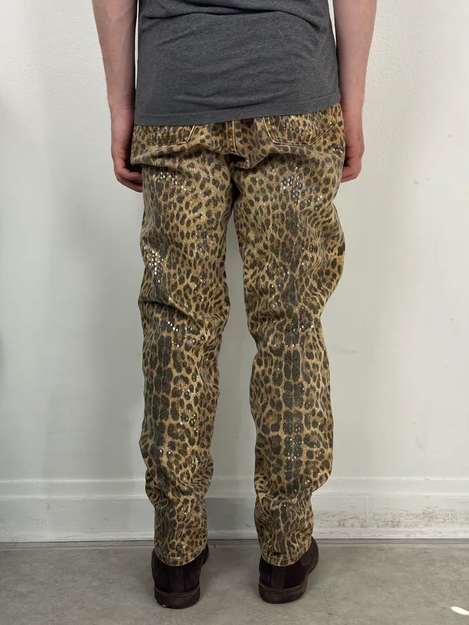1990s Roberto Cavalli Brown Leopard Print Glitter Pants xiGrQYh 3